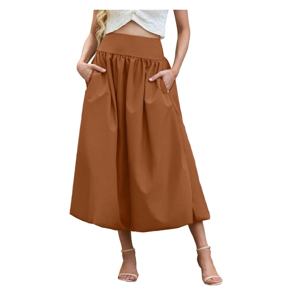 Brown Pleated A-Line Midi Skirt